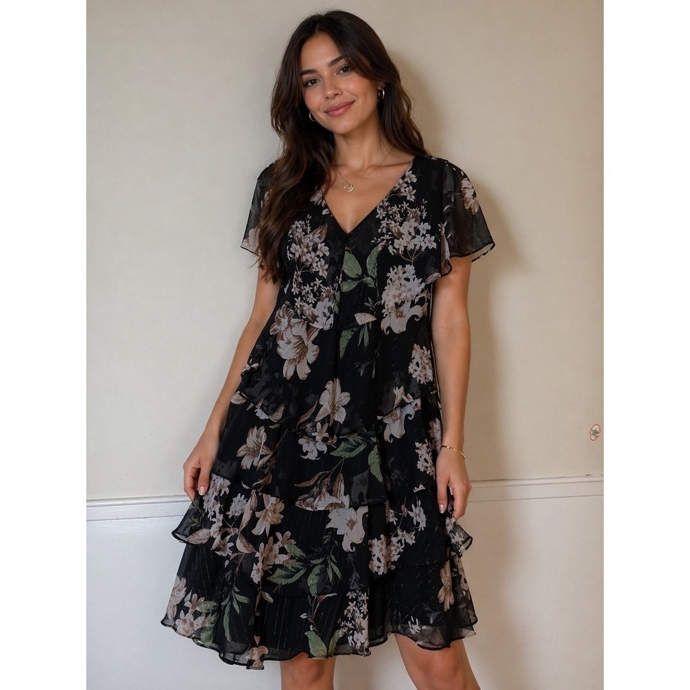 SLNY Dress Womens 8 Black Floral Chiffon Tiered Ruffle A-Line Party Wedding